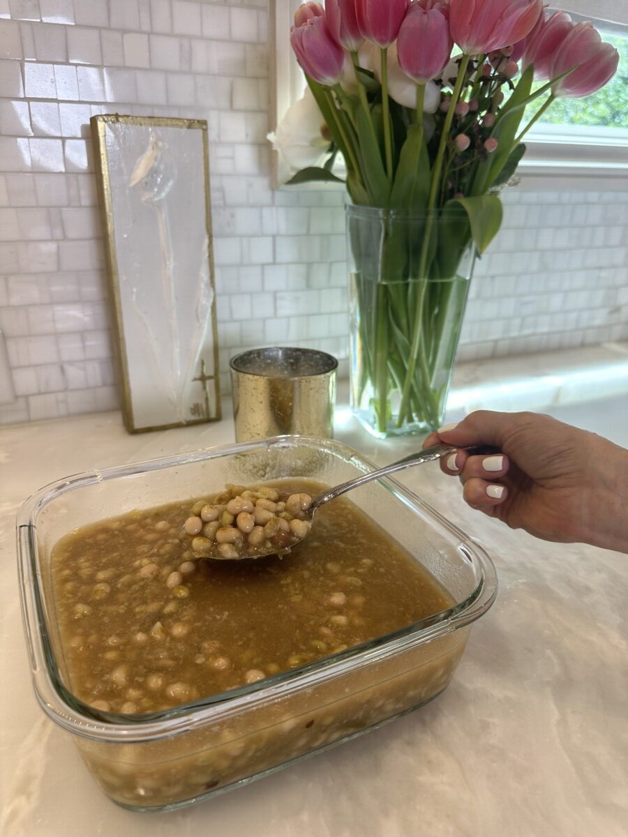 A bowl of black-eyed peas on a kitchen counter