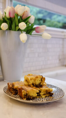 Close-up of slices of Family Savvy's Honey Bun Cake on a plate