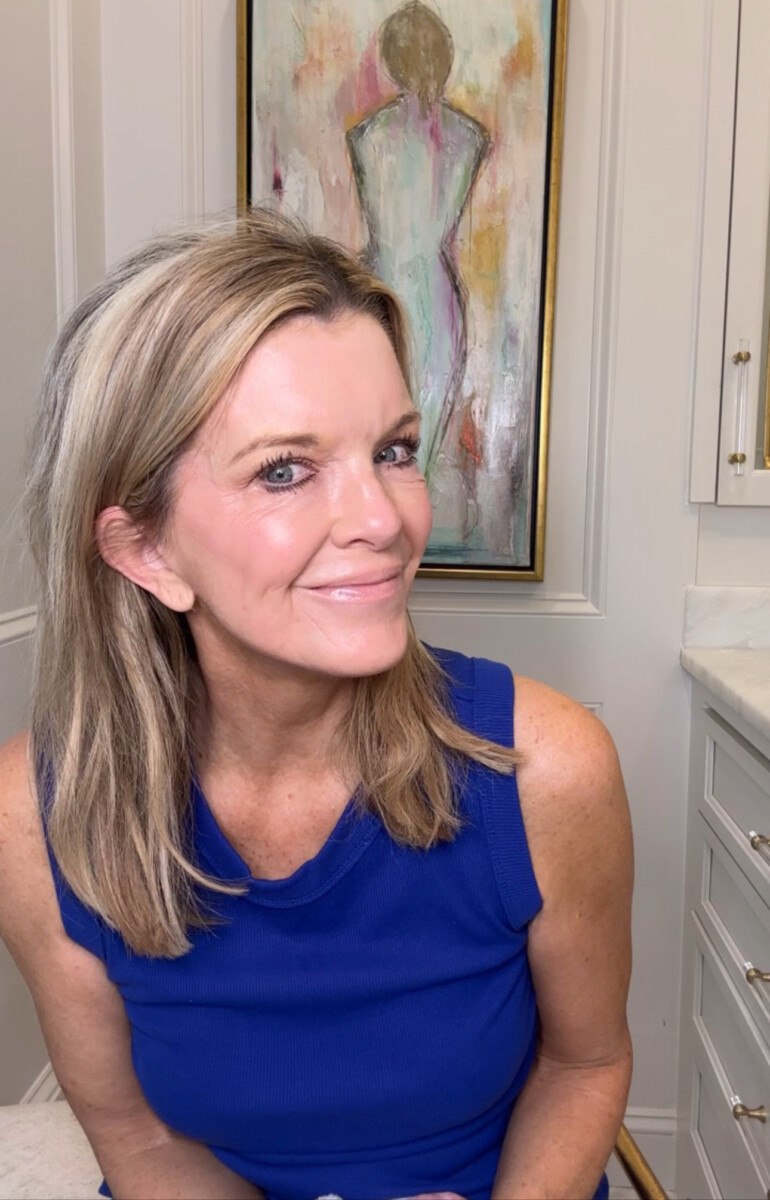 Jamie Tarence of Family Savvy with a full face of her favorite makeup for midlife women in her bathroom