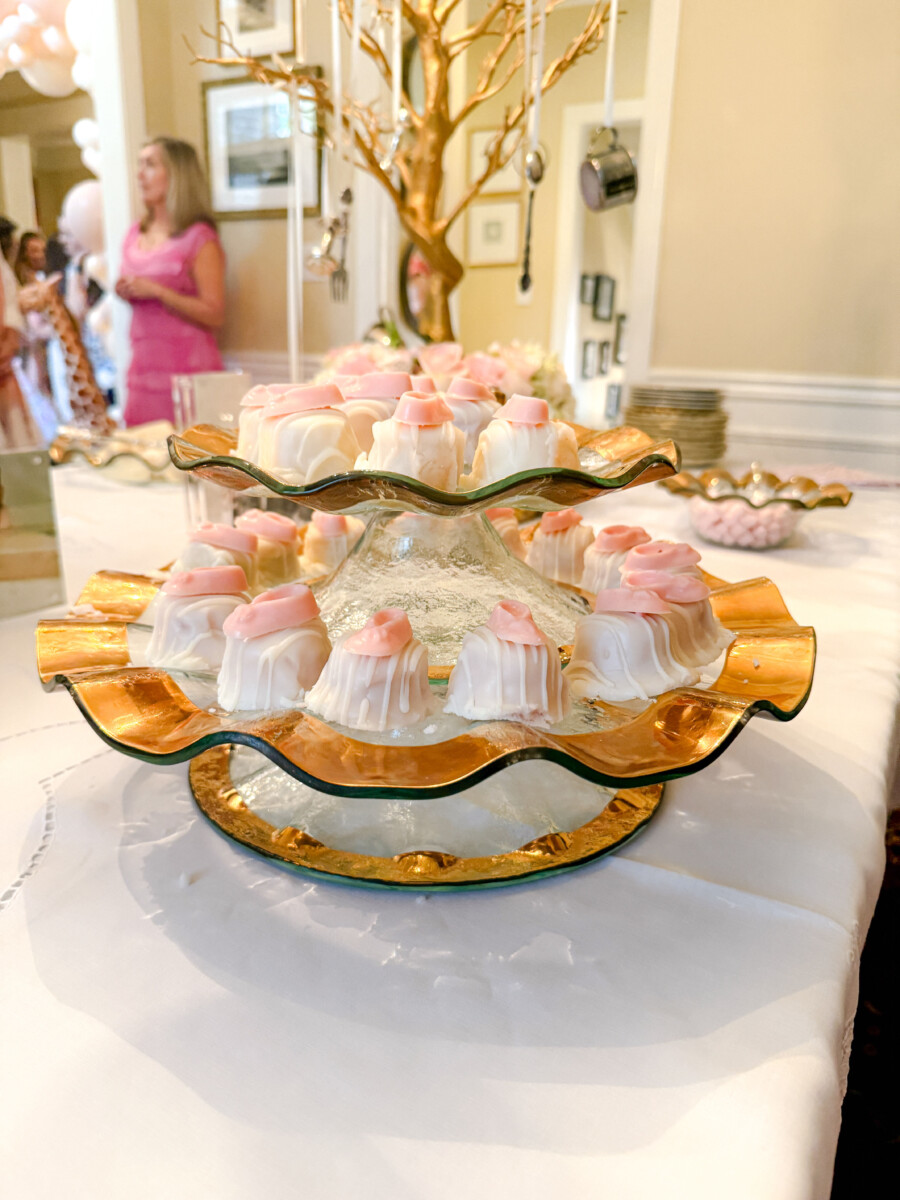 Baby shower petit fours on an Annieglass cake plate