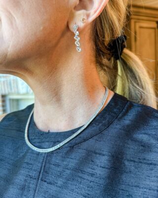 Jamie Tarence of Family Savvy wearing the Aurate Lab Grown White SapphireTennis Necklace and Mixed Shape Tennis Earrings