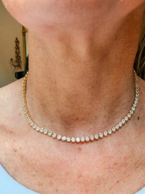 Jamie Tarence of Family Savvy wearing the Dorsey Tennis Necklace in Gold