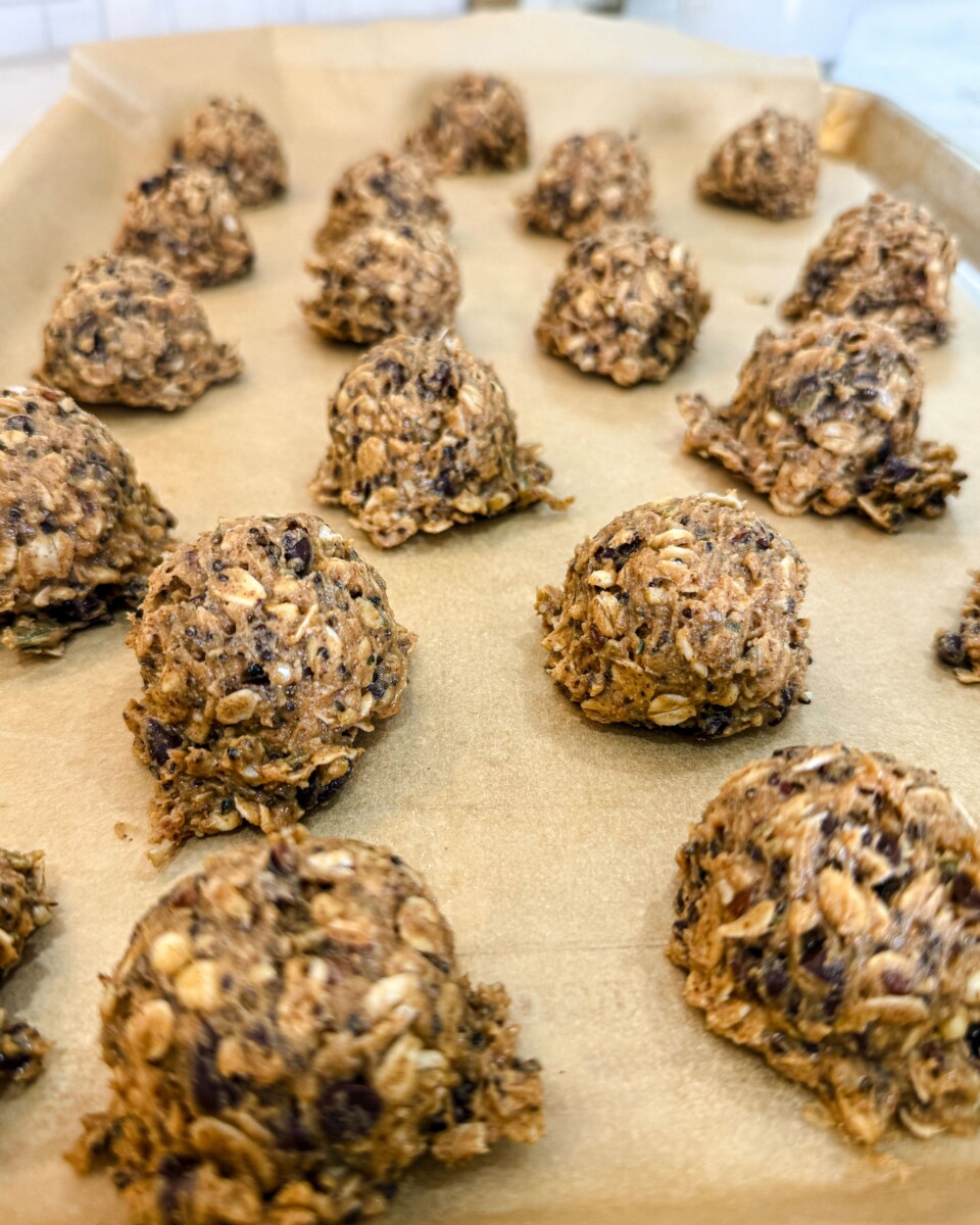 Close-up of lactation balls on a baking sheet