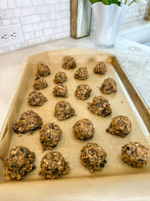 Zoomed out photo of Family Savvy's lactation balls on a baking sheet