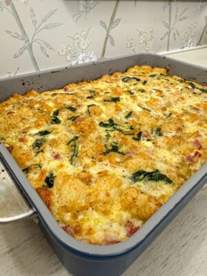 Close-up of Family Savvy's Mexican Breakfast Casserole in a casserole dish