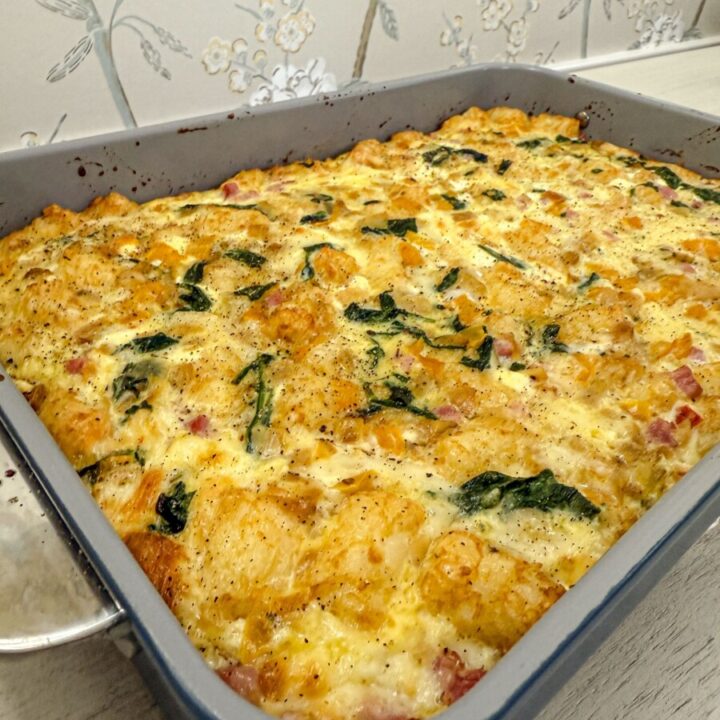 Close-up of Family Savvy's Mexican Breakfast Casserole in a casserole dish