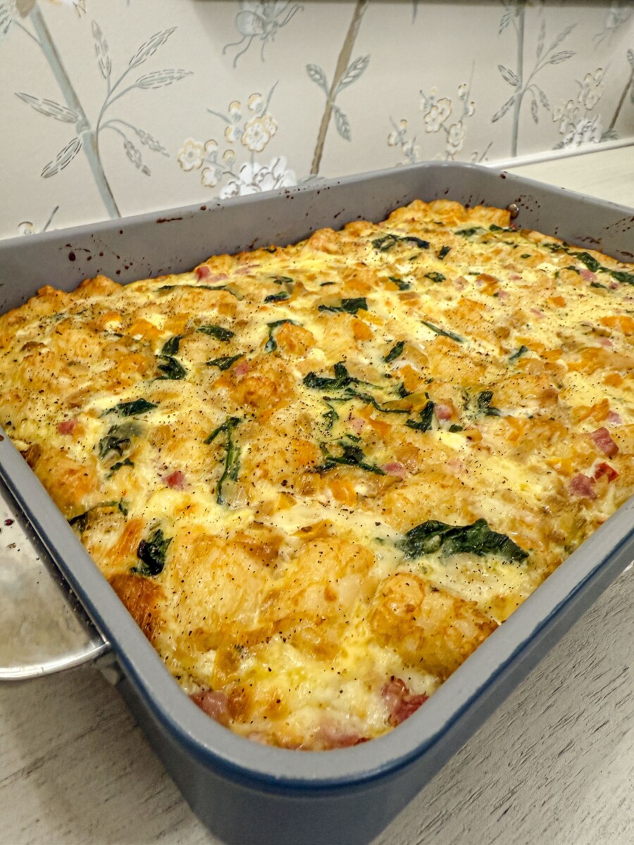 Close-up of Family Savvy's Mexican Breakfast Casserole in a casserole dish